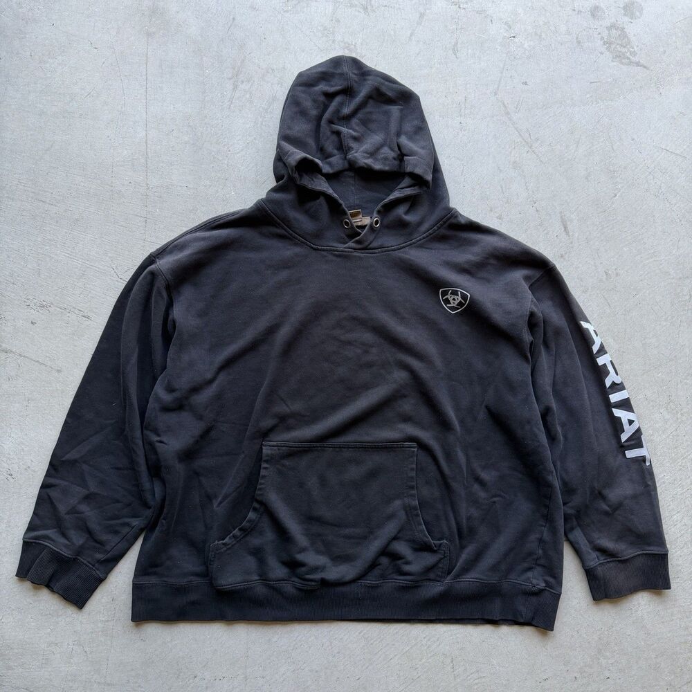 Ariat Mens Size XXL Logo Hoodie Sweatshirt Black Pullover Spellout Work Outdoor